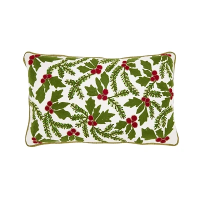 Holly Embroidered Christmas Lumbar Pillow