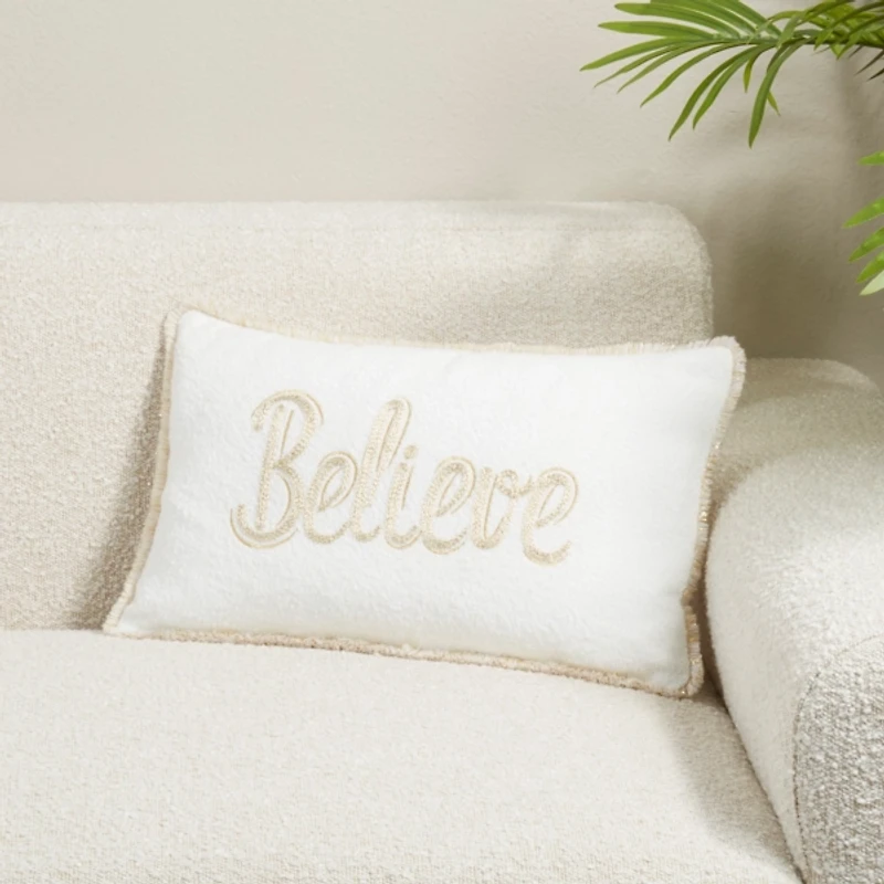 Gold Embroidered Believe Lumbar Pillow