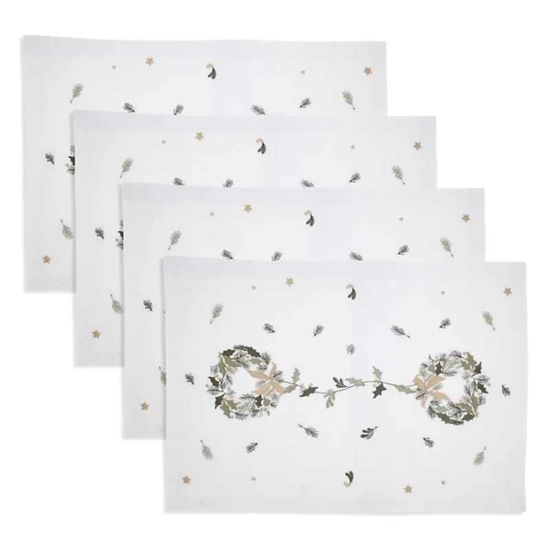 White Embroidered Wreath Placemats, Set of 4