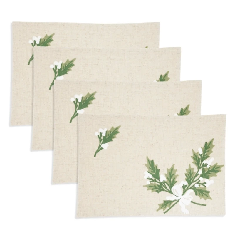 Linen Holly Leaves Christmas Placemats, Set of 4