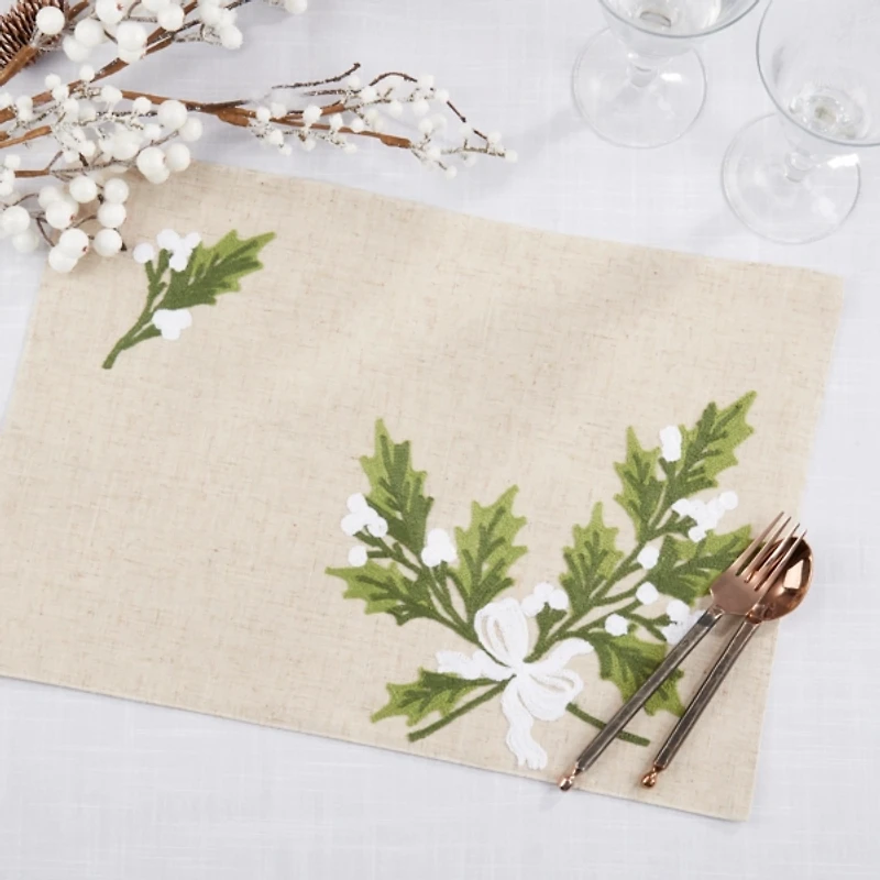 Linen Holly Leaves Christmas Placemats, Set of 4