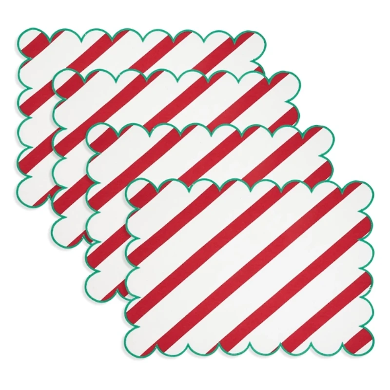 Red and Green Stripe Scalloped Placemats, Set of 4