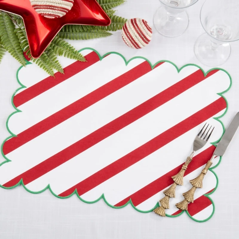 Red and Green Stripe Scalloped Placemats, Set of 4