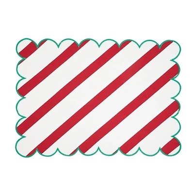 Red and Green Stripe Scalloped Placemats, Set of 4