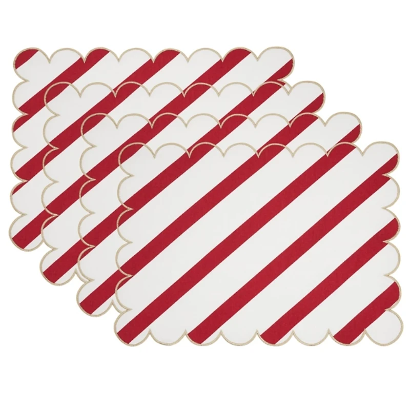 Red and Gold Stripe Scalloped Placemats, Set of 4