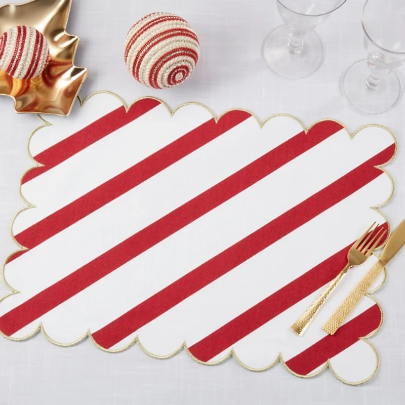 Red and Gold Stripe Scalloped Placemats, Set of 4