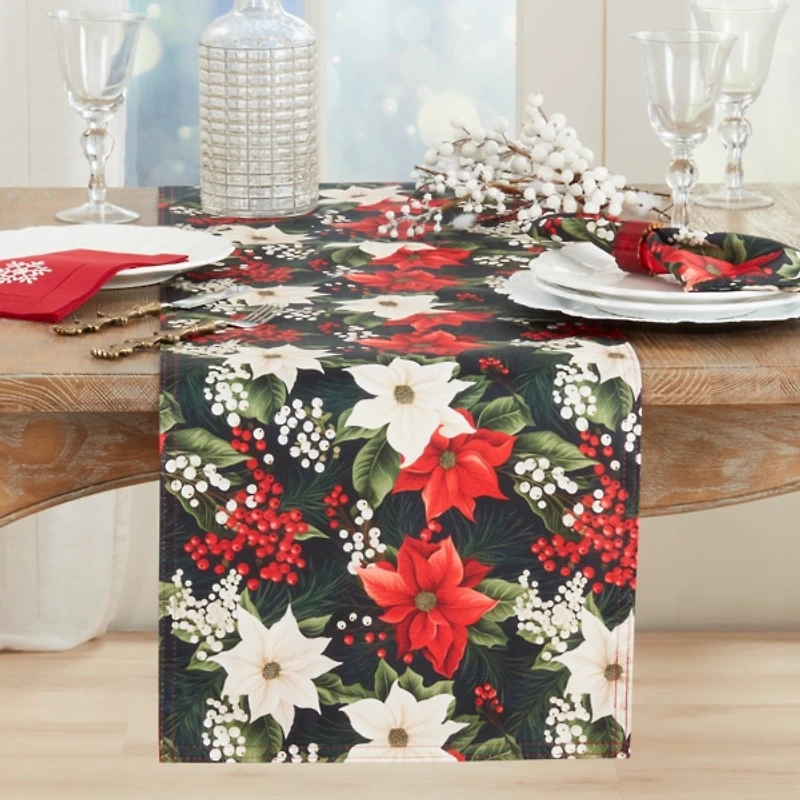 Poinsettias and Berries Christmas Table Runner