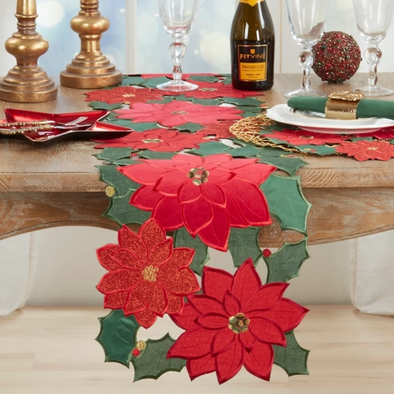 Poinsettia and Holly Cutout Christmas Table Runner