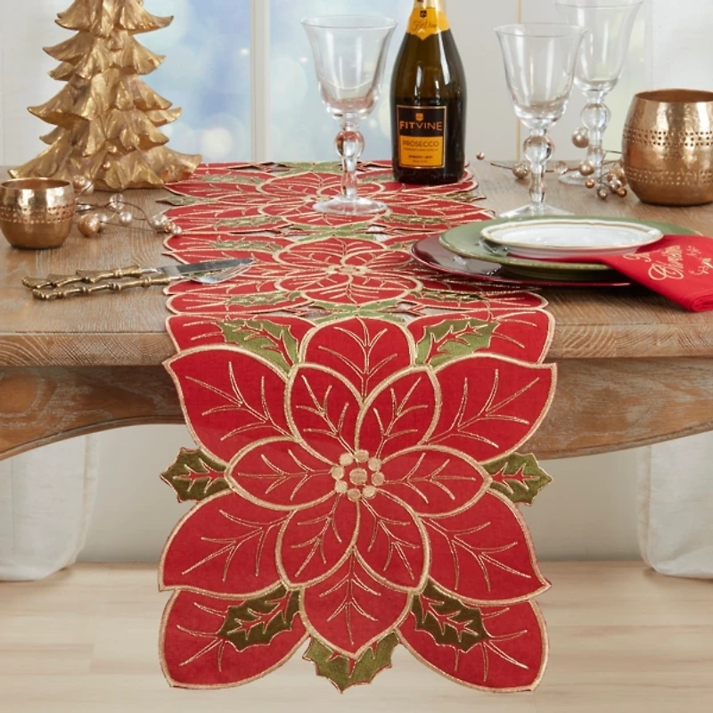 Embroidered Poinsettia Christmas Table Runner