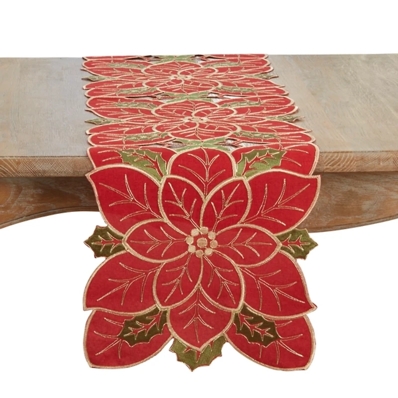 Embroidered Poinsettia Christmas Table Runner