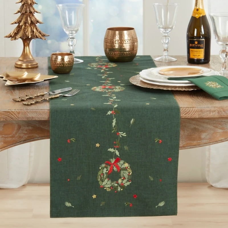 Green Embroidered Wreath Christmas Table Runner