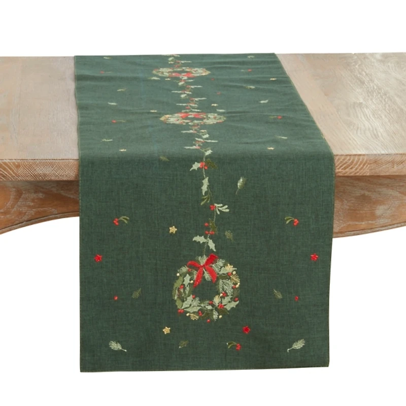 Green Embroidered Wreath Christmas Table Runner