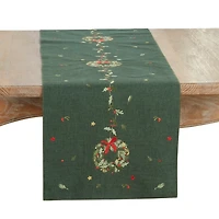 Green Embroidered Wreath Christmas Table Runner