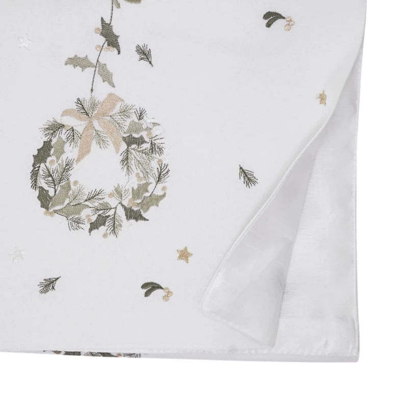 White Embroidered Wreath Christmas Table Runner
