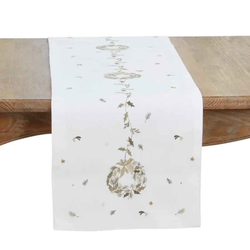 White Embroidered Wreath Christmas Table Runner