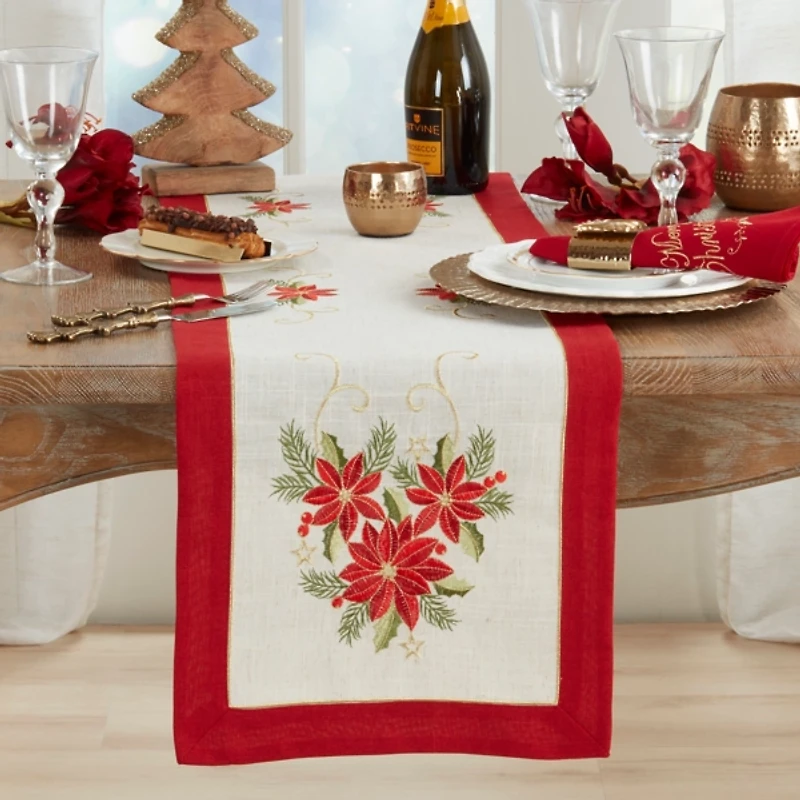 Embroidered Poinsettia Linen Blend Table Runner