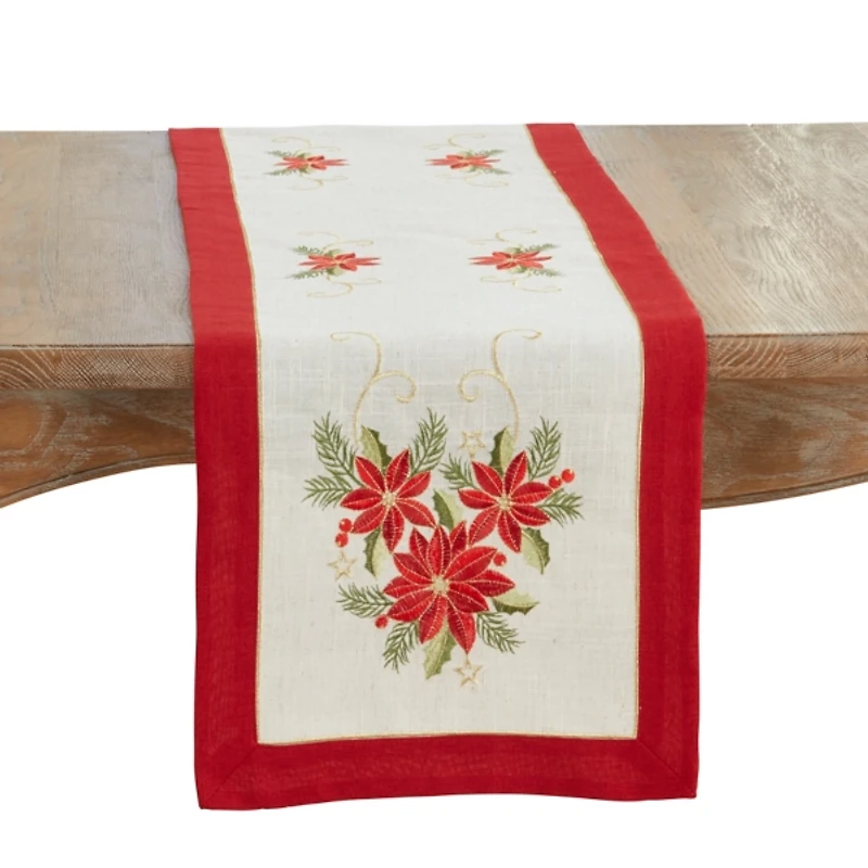 Embroidered Poinsettia Linen Blend Table Runner