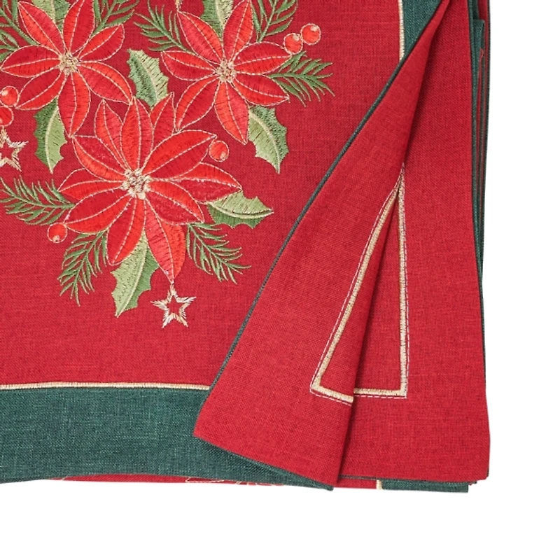 Red and Green Embroidered Poinsettia Table Runner