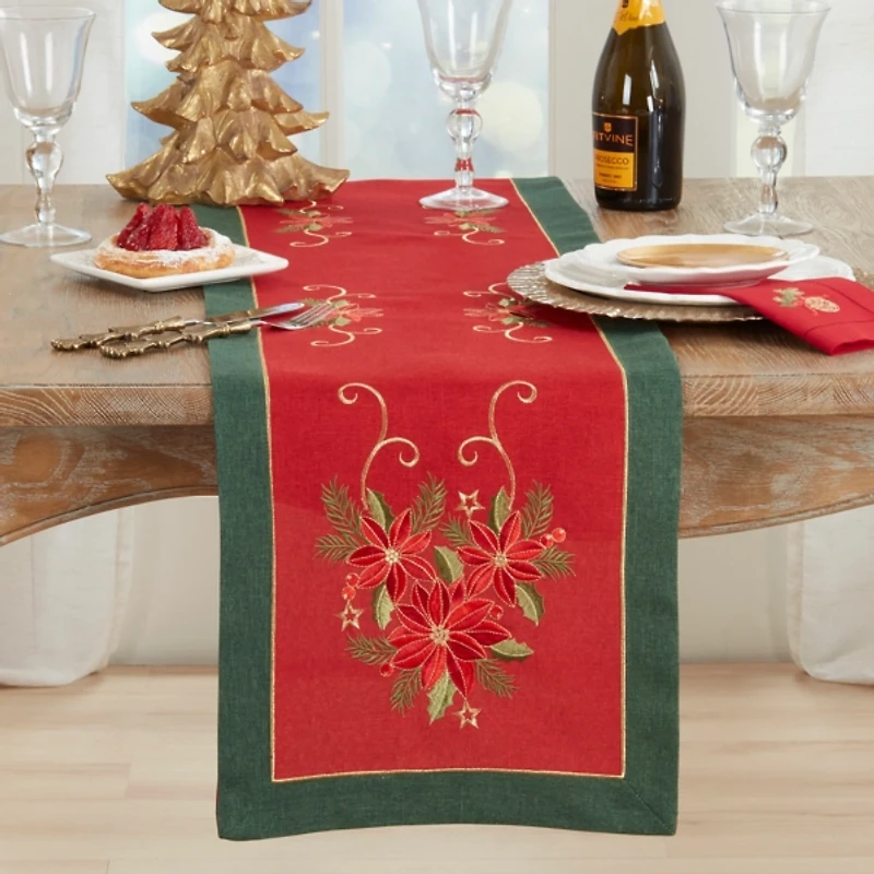 Red and Green Embroidered Poinsettia Table Runner