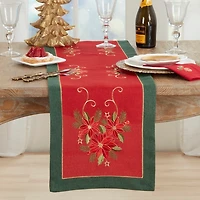 Red and Green Embroidered Poinsettia Table Runner