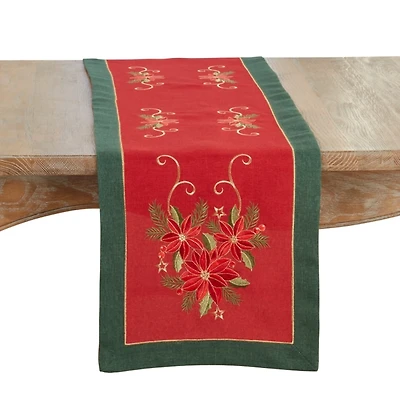 Red and Green Embroidered Poinsettia Table Runner