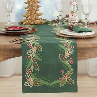 Green Holly Berries Christmas Table Runner