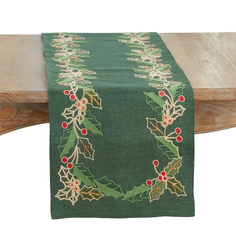 Green Holly Berries Christmas Table Runner