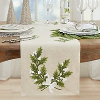Linen Holly Leaves Christmas Table Runner