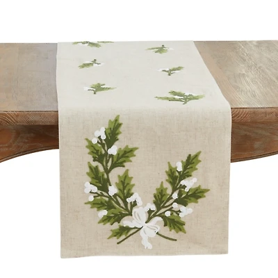Linen Holly Leaves Christmas Table Runner