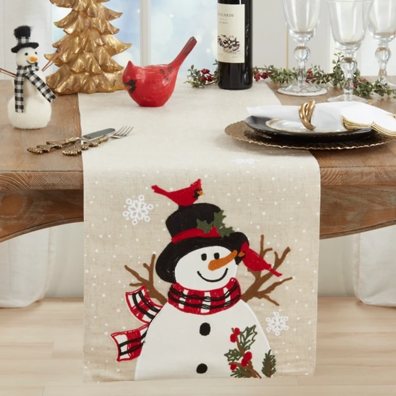Linen Blend Snowman Christmas Table Runner