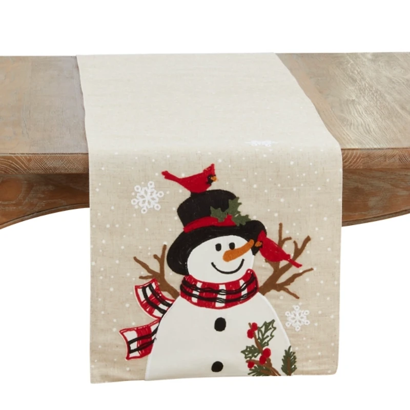 Linen Blend Snowman Christmas Table Runner
