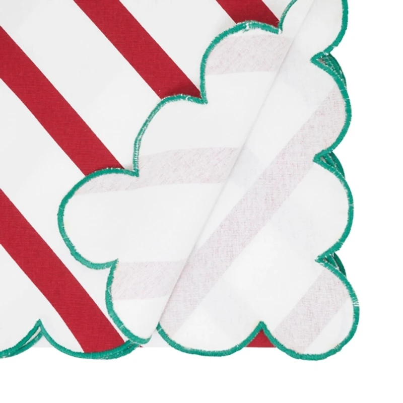 Red and Green Stripe Scalloped Table Runner