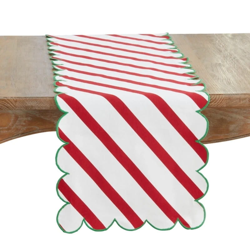 Red and Green Stripe Scalloped Table Runner