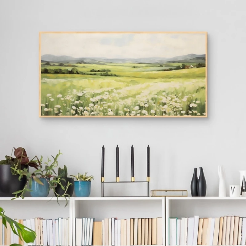 Green Field and Mountains Framed Canvas Art Print