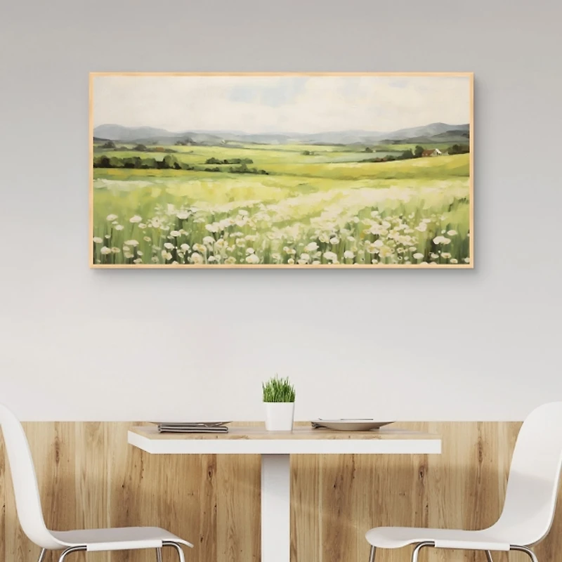Green Field and Mountains Framed Canvas Art Print
