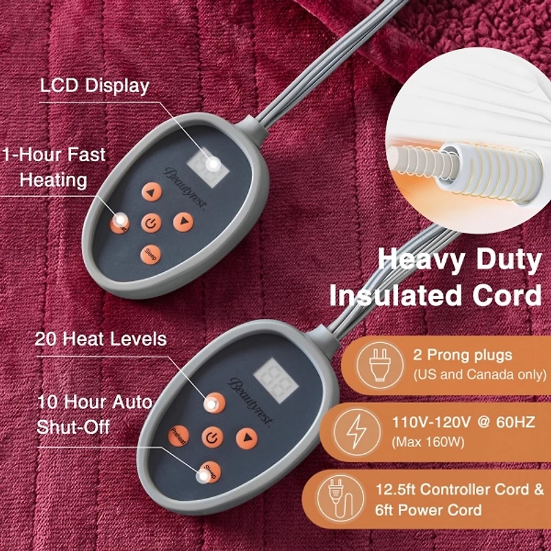 Beautyrest Burgundy Berber Heated Queen Blanket