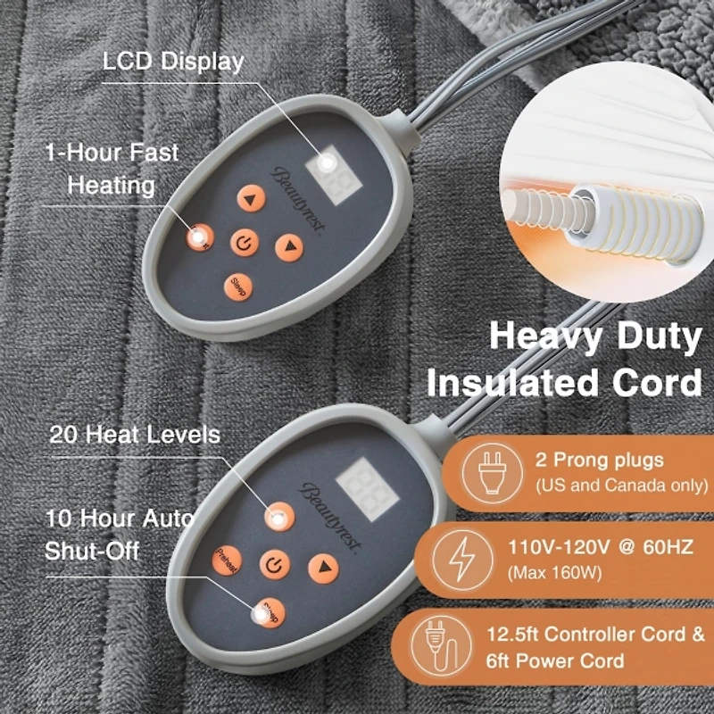 Beautyrest Gray Berber Heated Queen Blanket