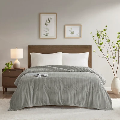 Serta Gray Corded Plush Heated Queen Blanket