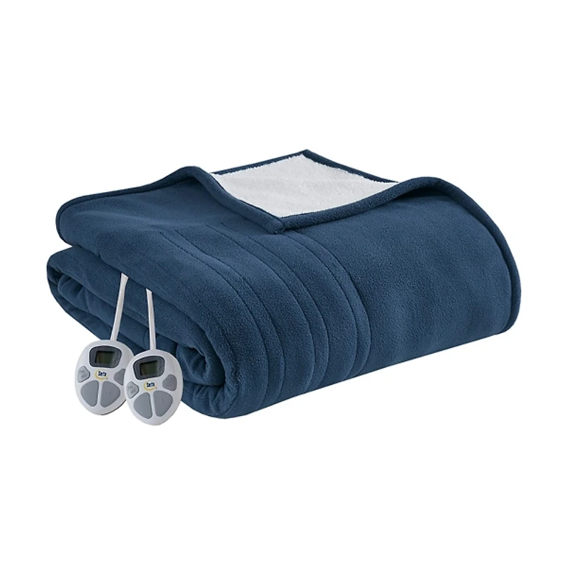 Serta Navy Fleece & Sherpa Heated Twin Blanket