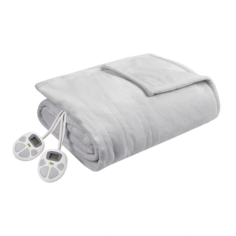 Serta Light Gray Plush Heated Full Blanket