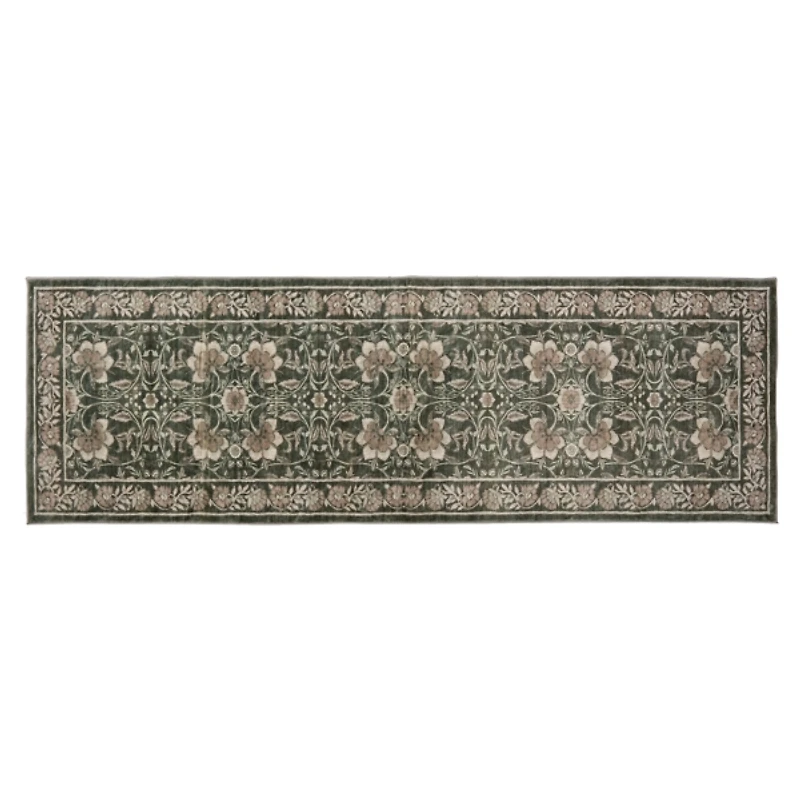 Green Leo Floral Washable Runner, 2x7