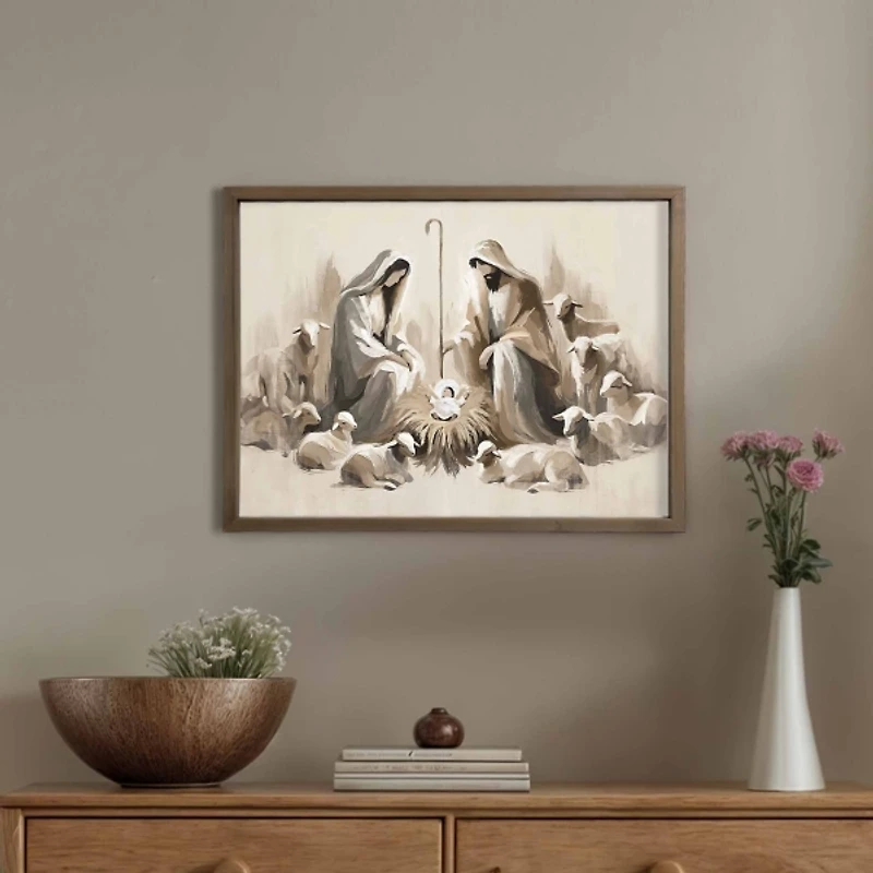 Neutral Nativity Scene Brown Framed Art Print