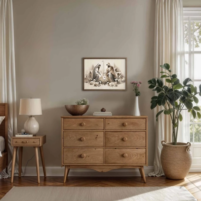 Neutral Nativity Scene Brown Framed Art Print