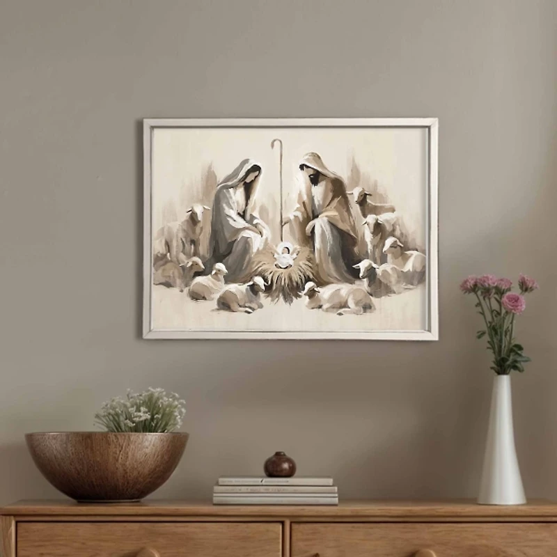 Neutral Nativity Scene White Framed Art Print