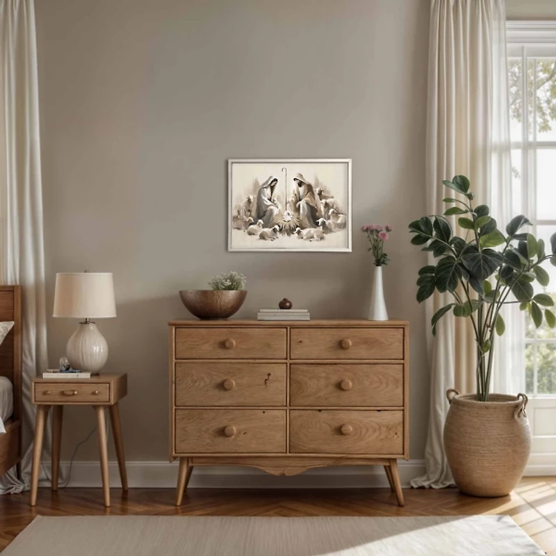 Neutral Nativity Scene White Framed Art Print