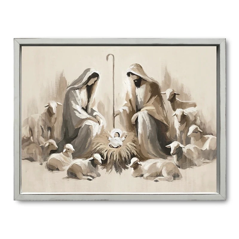Neutral Nativity Scene White Framed Art Print