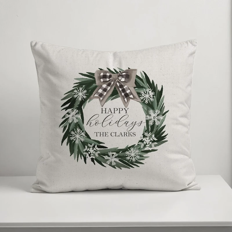 Personalized Happy Holidays Neutral Wreath Pillow