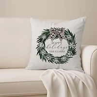 Personalized Happy Holidays Neutral Wreath Pillow