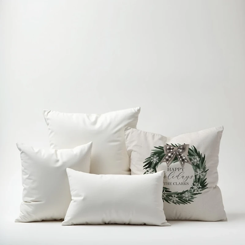 Personalized Happy Holidays Neutral Wreath Pillow