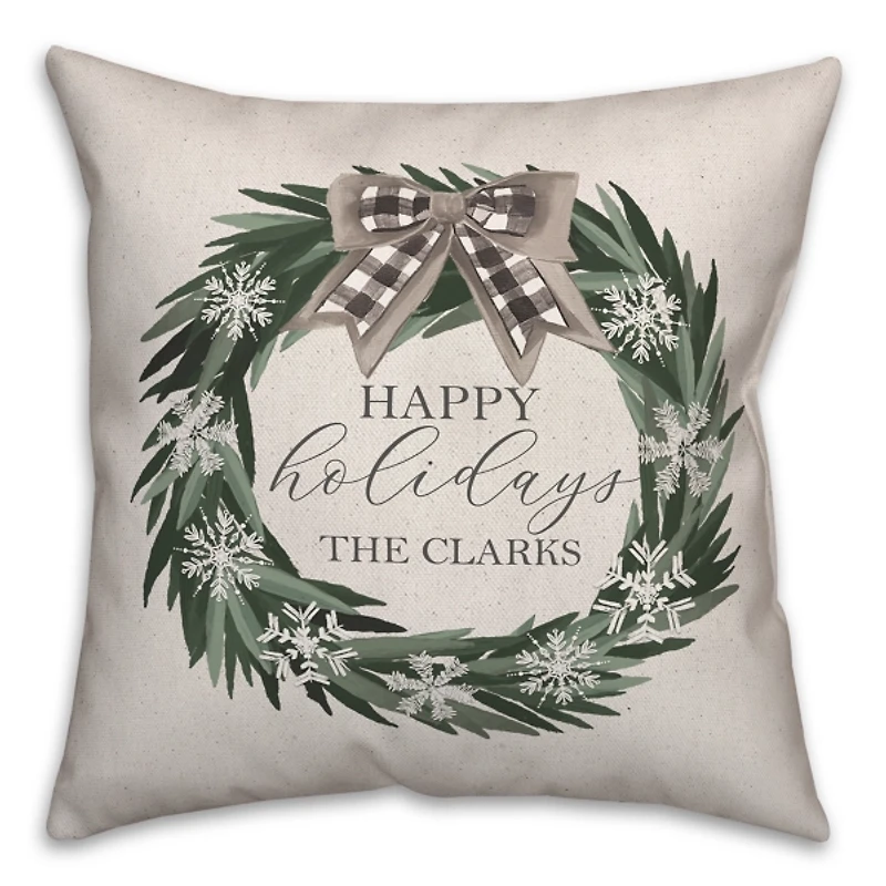Personalized Happy Holidays Neutral Wreath Pillow